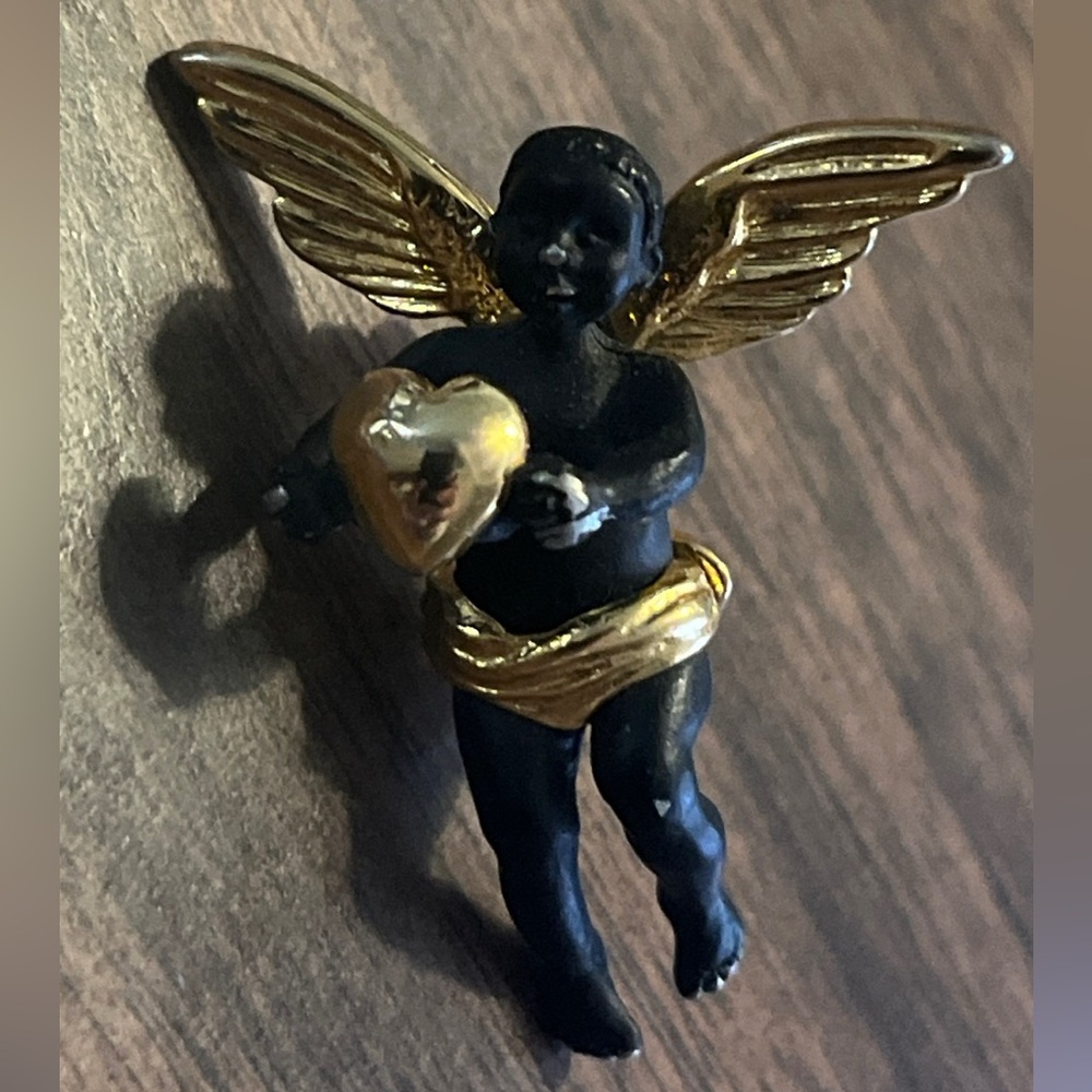 Cherub Angel VTG Heart Pin Brooch Signed Coreen Simpson 24kGP 24k Gold Plated